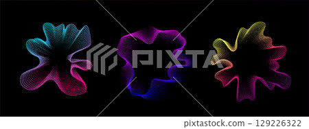 Set of multicolored round abstract sound dots wave oscillations. Sound curve. Digital equalizer. Colorful neon template for music poster and banner. Vector radial spectrum. Set of multicolored round abstract sound dots wave oscillations. Sound curve. Digital equalizer. Colorful neon template for music poster and banner. Vector radial spectrum. 129226322