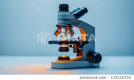 Microscope illuminated under soft lighting, close-up view. Scientific research and laboratory equipment concept 129226350