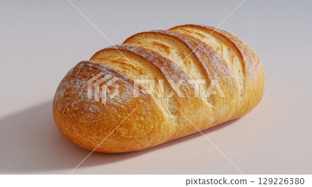 Loaf of freshly baked bread with golden crust, food photography concept 129226380