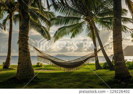 Hammock between palm trees summer afternoon. 129226402