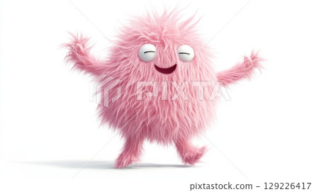 Pink fluffy smiling cartoon character with arms outstretched, cheerful and playful concept Pink fluffy smiling cartoon character with arms outstretched, cheerful and playful concept 129226417