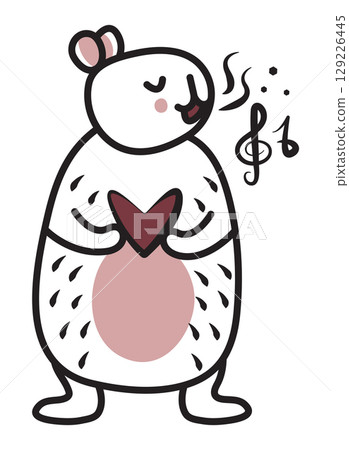 Cute singing capybara, black line vector doodle, trendy kawaii singer character, big friendly rodent musician for a postcard, coloring page, fabric prints, etc. 129226445