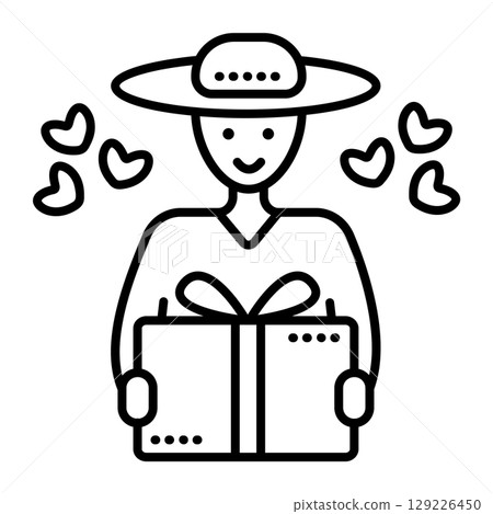 Deliveryman in a hat, courier with a parcel, black line vector icon Deliveryman in a hat, courier with a parcel, black line vector icon 129226450