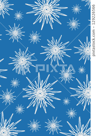 Abstract blue Christmas background made of knitted white snowflakes. Mockup for your text and sentences. Flat lay, copy space 129226566