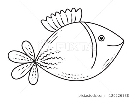 Cute angel fish, black line minimal illustration, monochrome nautical preppy doodle 129226588