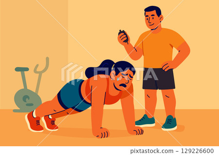 Personal trainer supervising exhausted woman doing push-ups Personal trainer supervising exhausted woman doing push-ups 129226600