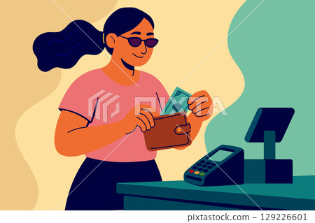 Smiling woman holding wallet and cash at store register in casual outfit Smiling woman holding wallet and cash at store register in casual outfit 129226601