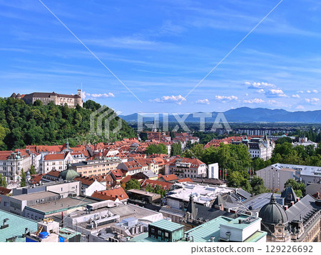 A view of Ljubljana from the outside observation deck terrace at the top of the Neboticnik Skyscraper in central Ljubljana A view of Ljubljana from the outside observation deck terrace at the top of the Neboticnik Skyscraper in central Ljubljana 129226692