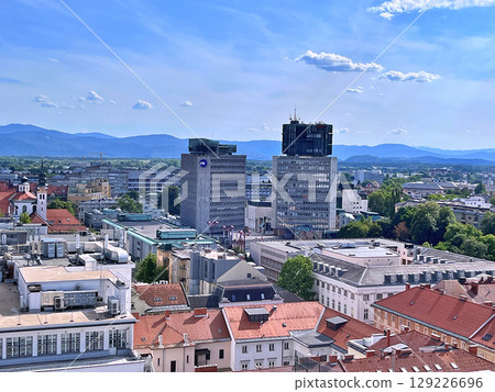 A view of Ljubljana from the outside observation deck terrace at the top of the Neboticnik Skyscraper in central Ljubljana 129226696
