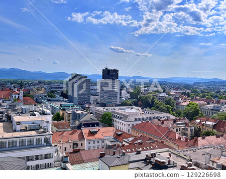 A view of Ljubljana from the outside observation deck terrace at the top of the Neboticnik Skyscraper in central Ljubljana A view of Ljubljana from the outside observation deck terrace at the top of the Neboticnik Skyscraper in central Ljubljana 129226698