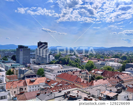A view of Ljubljana from the outside observation deck terrace at the top of the Neboticnik Skyscraper in central Ljubljana A view of Ljubljana from the outside observation deck terrace at the top of the Neboticnik Skyscraper in central Ljubljana 129226699