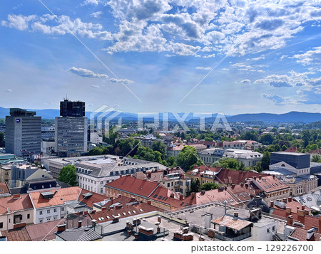 A view of Ljubljana from the outside observation deck terrace at the top of the Neboticnik Skyscraper in central Ljubljana 129226700
