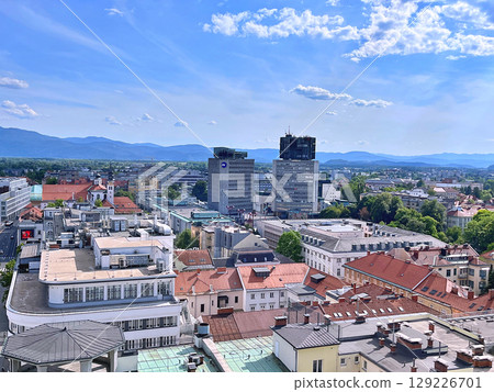 A view of Ljubljana from the outside observation deck terrace at the top of the Neboticnik Skyscraper in central Ljubljana A view of Ljubljana from the outside observation deck terrace at the top of the Neboticnik Skyscraper in central Ljubljana 129226701