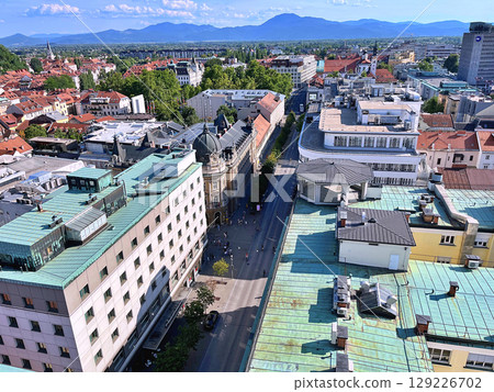 A view of Ljubljana from the outside observation deck terrace at the top of the Neboticnik Skyscraper in central Ljubljana A view of Ljubljana from the outside observation deck terrace at the top of the Neboticnik Skyscraper in central Ljubljana 129226702
