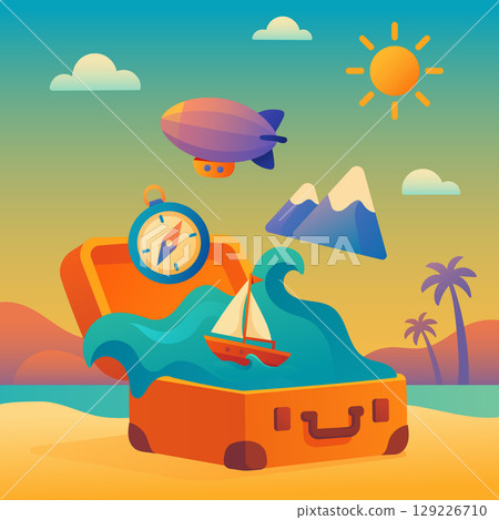 Dream vacation concept with suitcase, ocean wave, sailboat, and travel elements in flat gradient style Dream vacation concept with suitcase, ocean wave, sailboat, and travel elements in flat gradient style 129226710