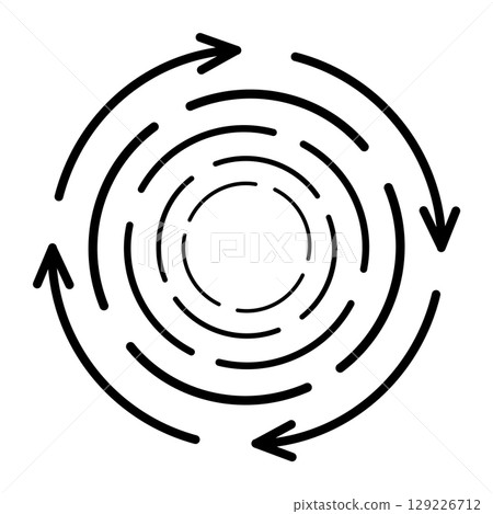 Events cyclicality sign, natural phenomena symbol, recycle pictogram, black line vector icon of whirlwind and hurricane. Events cyclicality sign, natural phenomena symbol, recycle pictogram, black line vector icon of whirlwind and hurricane. 129226712
