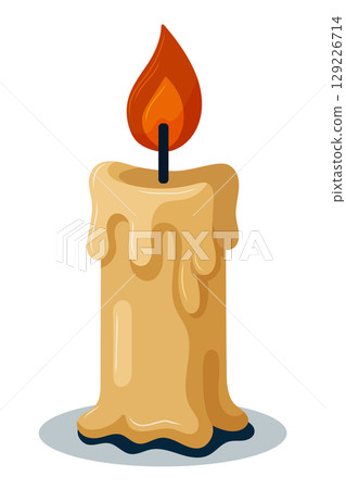 Creepy Halloween candle with melting wax and burning flame in cartoon flat style Creepy Halloween candle with melting wax and burning flame in cartoon flat style 129226714