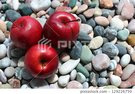 Sunlight illuminates three juicy red apples on a colored stones in a side of image concept for design or decoration Sunlight illuminates three juicy red apples on a colored stones in a side of image concept for design or decoration 129226750