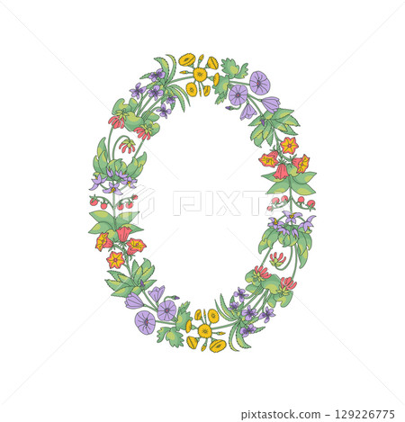 Hand drawn line art canary islands flowers wreath. Card template with cute floral frame Hand drawn line art canary islands flowers wreath. Card template with cute floral frame 129226775