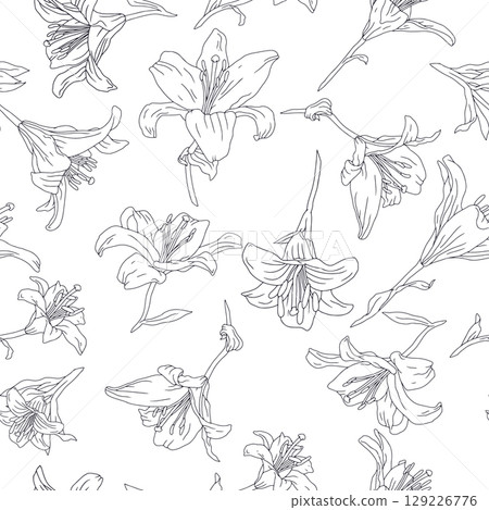 Black and white line art vintage seamless pattern with hand drawn lily flowers 129226776