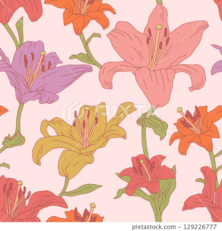 Vintage seamless pattern with hand drawn colorful lily flowers on pastel pink background 129226777
