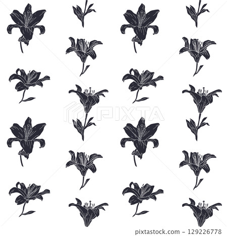 Monochrome vintage seamless pattern with hand drawn lily flowers black silhouette on white background Monochrome vintage seamless pattern with hand drawn lily flowers black silhouette on white background 129226778