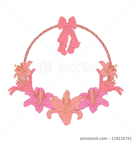 Hand drawn pink pastel line art lily flowers wreath. Vintage bohemian card template with cute floral frame Hand drawn pink pastel line art lily flowers wreath. Vintage bohemian card template with cute floral frame 129226781