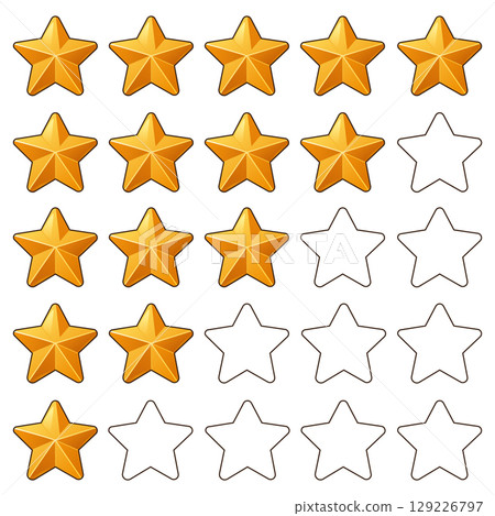 Golden star rating icons in various levels from five stars to zero, flat cartoon style 129226797