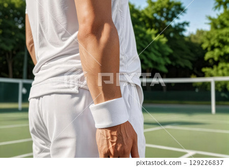 Blank white sport wristband on male hand mockup, ai generated 129226837