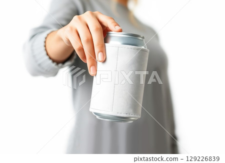 Hand holding white koozie with silver can mockup, ai generated 129226839