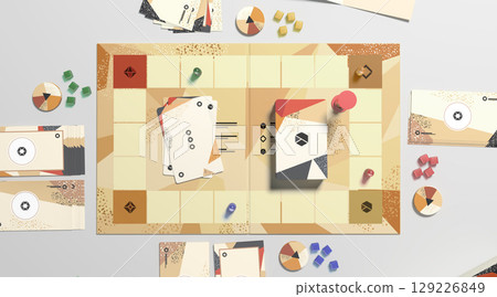 Colored board game field with chips, dice and cards mockup 129226849