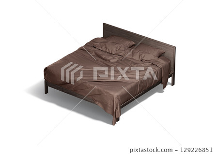Blank wooden double bed with brown bedding mockup, side view 129226851