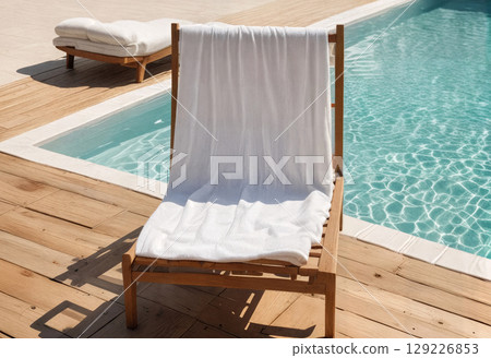 Blank white towel mockup on lounger near pool, ai generated 129226853