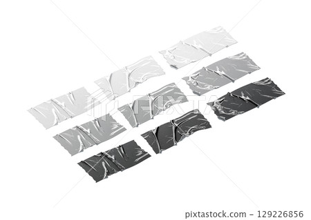 Blank black, white, silver rectangle adhesive crumpled tape mockup, isolated 129226856
