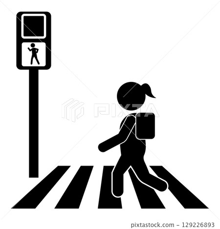 Pictogram of an elementary school student crossing the street at a crosswalk Pictogram of an elementary school student crossing the street at a crosswalk 129226893