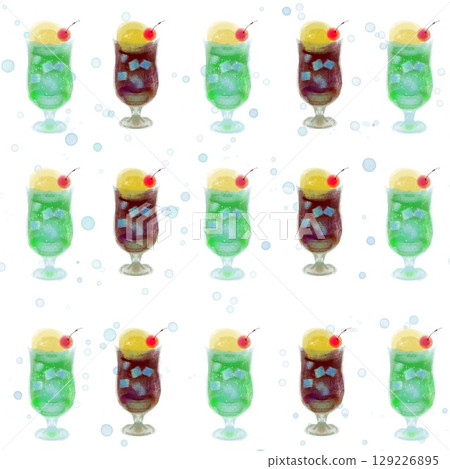 Cream soda seamless pattern (melon soda and cola float) with bubbles, retro cafe style Cream soda seamless pattern (melon soda and cola float) with bubbles, retro cafe style 129226895