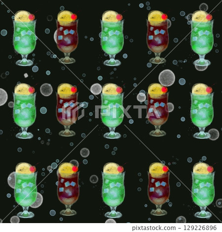 Seamless pattern of cream soda (melon soda and cola float) with bubbles on black background Seamless pattern of cream soda (melon soda and cola float) with bubbles on black background 129226896