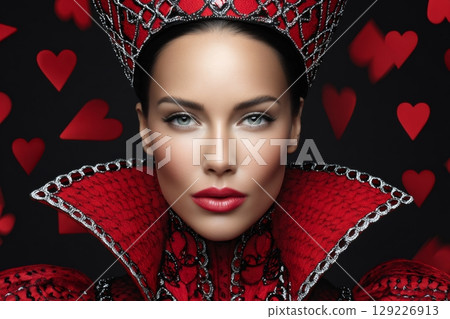 Queen of hearts wearing red dress and crown with hearts background 129226913