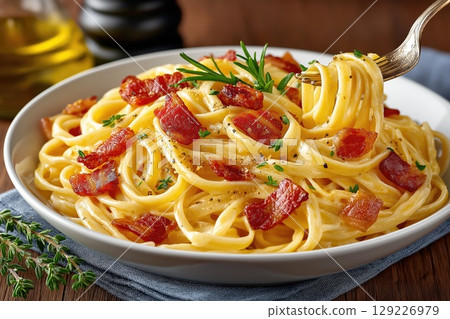 Creamy carbonara pasta with crispy bacon and rosemary garnish being lifted with a fork Creamy carbonara pasta with crispy bacon and rosemary garnish being lifted with a fork 129226979