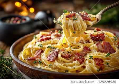 Fork lifting delicious creamy carbonara pasta with thyme and bacon Fork lifting delicious creamy carbonara pasta with thyme and bacon 129226980