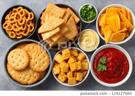 Bowls of crackers, pretzels, dips and cheese puffs creating a delicious snacking experience 129227000