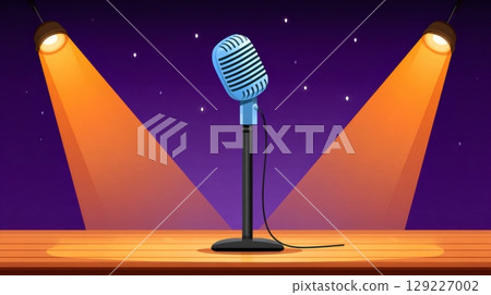 Vintage microphone on stage with spotlights shining at night 129227002