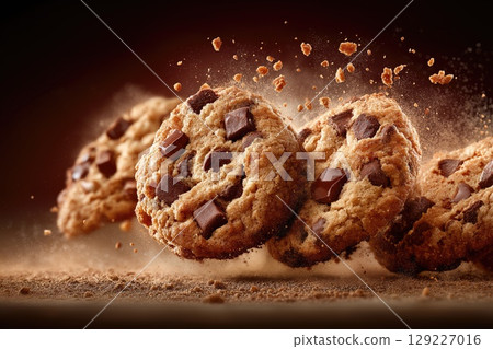 Chocolate chip cookies crumbling and flying on a brown background 129227016