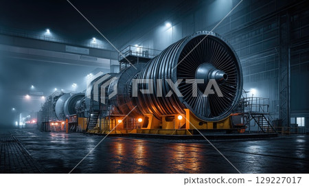 Giant turbine resting on a platform in industrial building at night 129227017