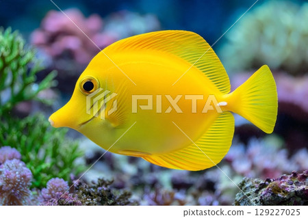 Yellow tang fish swimming in coral reef aquarium Yellow tang fish swimming in coral reef aquarium 129227025