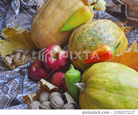 ripe gifts of autumn on a warm blanket and yellow maple leaves ripe gifts of autumn on a warm blanket and yellow maple leaves 129227227