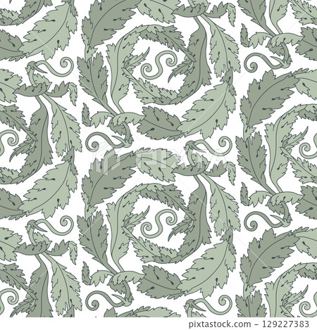 Hand drawn green acanthus leaf Art Nouveau line seamless pattern. Elegant floral vector background for print and digital design. Vintage botanical texture 129227383