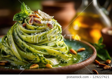 Tagliatelle pasta with pesto sauce, pine nuts and basil leaves Tagliatelle pasta with pesto sauce, pine nuts and basil leaves 129227421