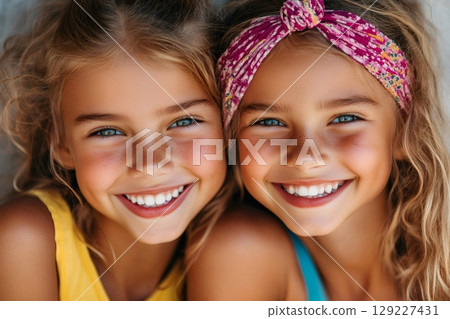 Two smiling blonde twin girls showing their perfect teeth 129227431