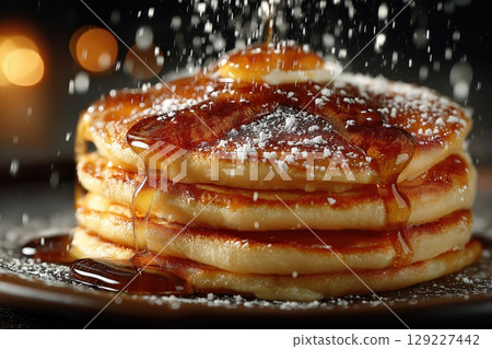 Stack of pancakes dripping with syrup and powdered sugar in candlelight 129227442